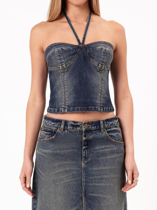 Image of a model wearing Denim. Productname: Abrand Zendaya 00 Denim Top in Dark Vintage Indigo colour by brand - Abrand