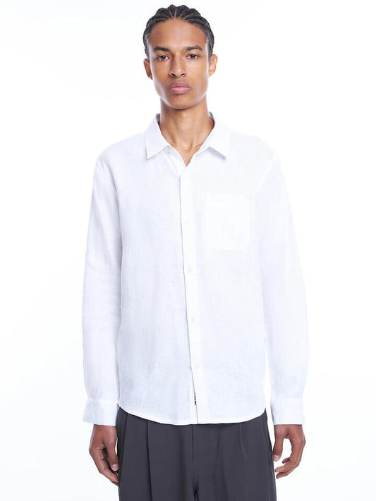 Image of a model wearing Tops. Productname: Article One Luca Linen Shirt in White colour by brand - Article One