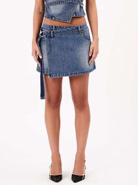 Image of a model wearing Skirts. Productname: Abrand 95 Wrap Skirt Dalia in Mid Vintage Indigo colour by brand - Abrand