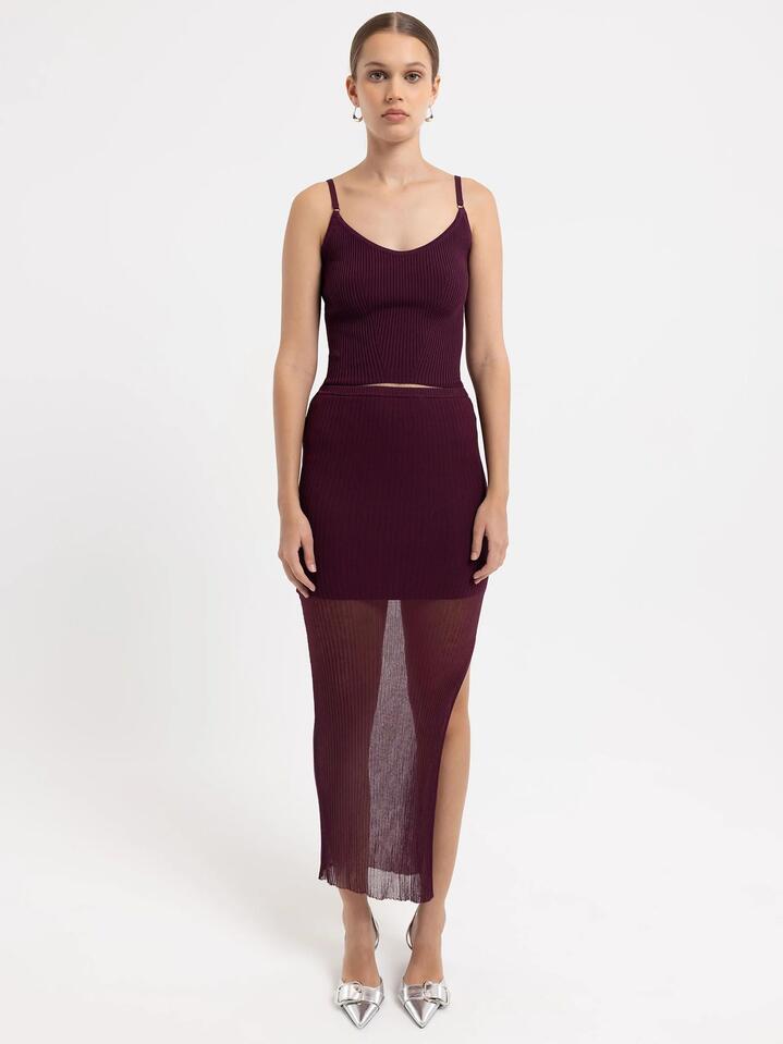 Image of a model wearing Skirts. Productname: First Mse Nadia Knit Skirt in Mulberry colour by brand - First Mse