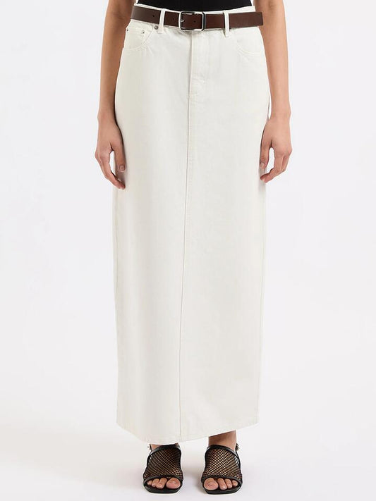 Image of a model wearing Skirts. Productname: Nude Lucy Organic Denim Maxi Skirt in Ecru colour by brand - Nude Lucy