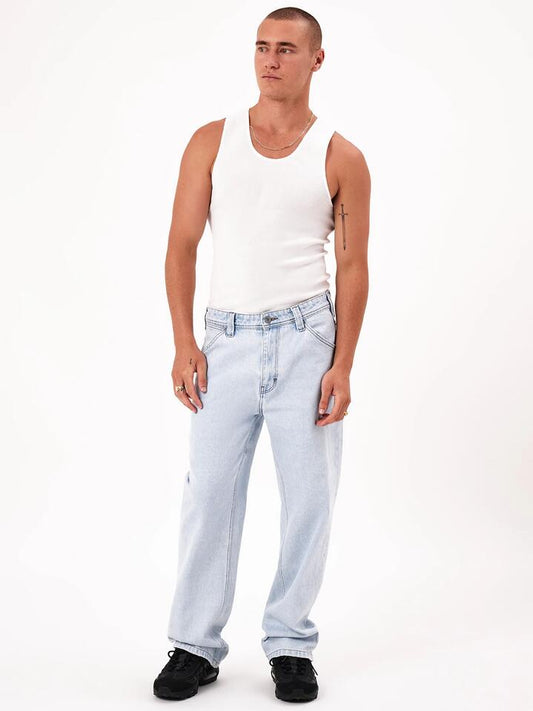 Image of a model wearing Denim. Productname: Abrand A5 Baggy Judd - Bleached Vintage Indigo in Bleached Vintage Indigo colour by brand - Abrand