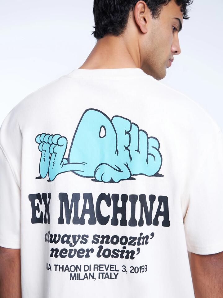 Image of a model wearing Tops. Productname: Deus Snoozin T-Shirt in White Sand colour by brand - Deus