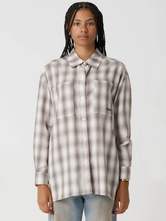 Image of a model wearing Tops. Productname: Xgirl Blend Check Oversized Shirt in Tan Check colour by brand - Xgirl