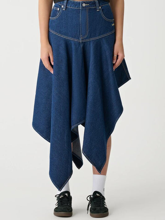 Image of a model wearing Skirts. Productname: Xgirl Mills Handkerchief Skirt in Dark Denim colour by brand - Xgirl
