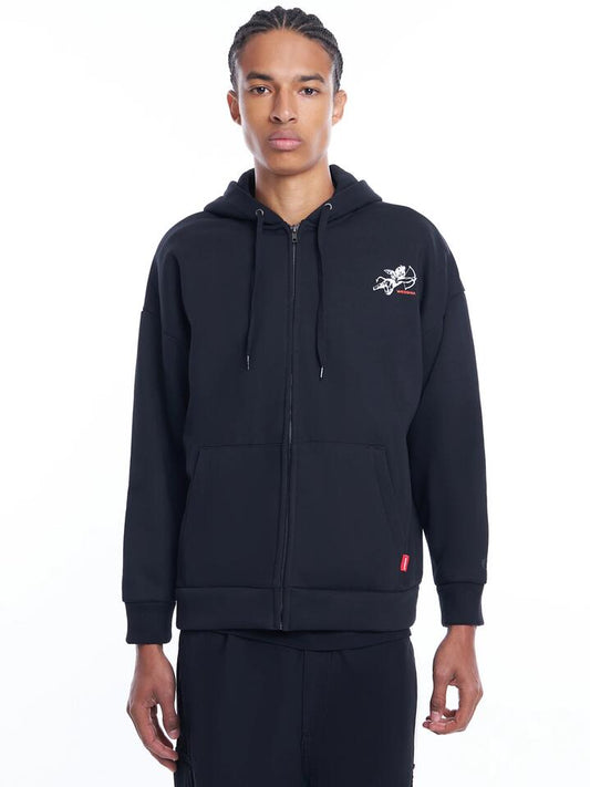 Image of a model wearing Outerwear. Productname: Worship Cherub Zip Front Hood in Black colour by brand - Worship