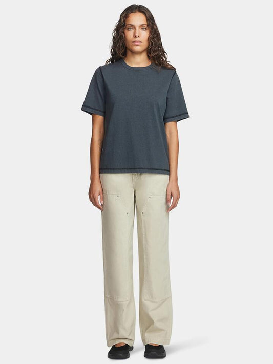 Image of a model wearing Pants. Productname: Larriet Double Knee Carpenter Pant in Used Natural colour by brand - Larriet