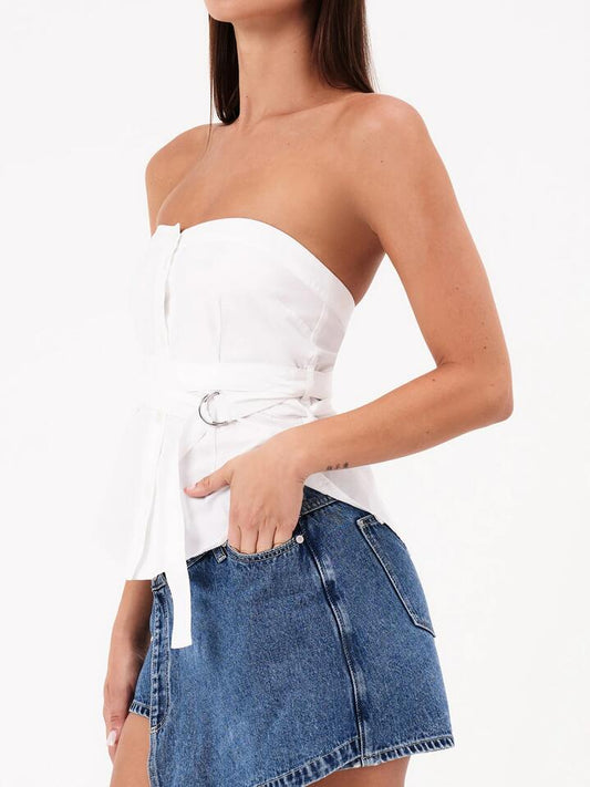 Image of a model wearing Tops. Productname: Abrand Strap Bustier Shirt in White colour by brand - Abrand