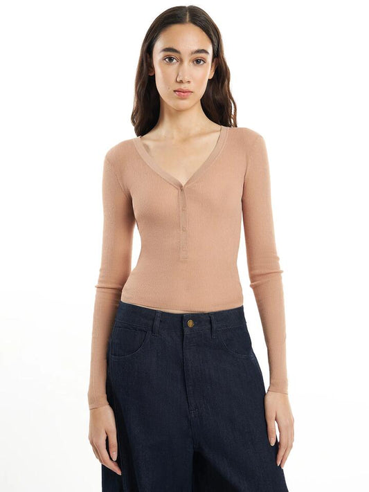 Image of a model wearing Tops. Productname: First Mse Mse Knit Button Top in Praline colour by brand - First Mse