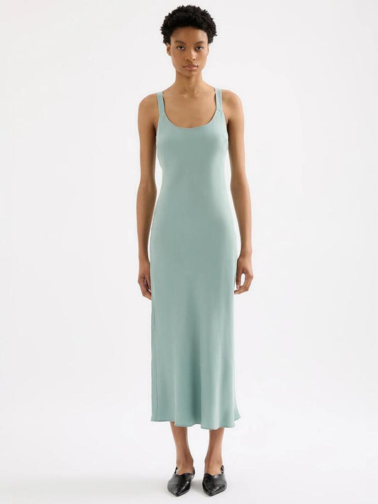 Image of a model wearing Dress. Productname: Nude Lucy Ren Cupro Slip Dress in Capri colour by brand - Nude Lucy
