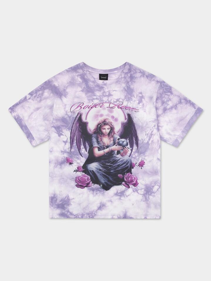 Image of a model wearing Tops. Productname: Boiler Room Arc Angel T-Shirt in Purple colour by brand - Boiler Room