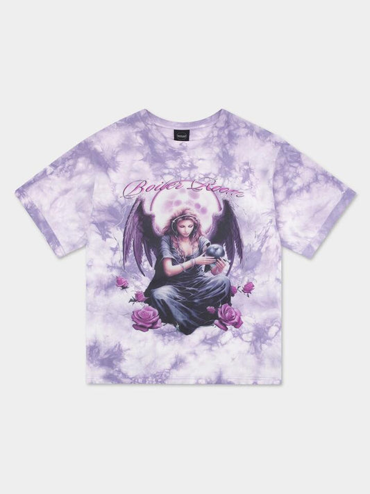 Image of a model wearing Tops. Productname: Boiler Room Arc Angel T-Shirt in Purple colour by brand - Boiler Room
