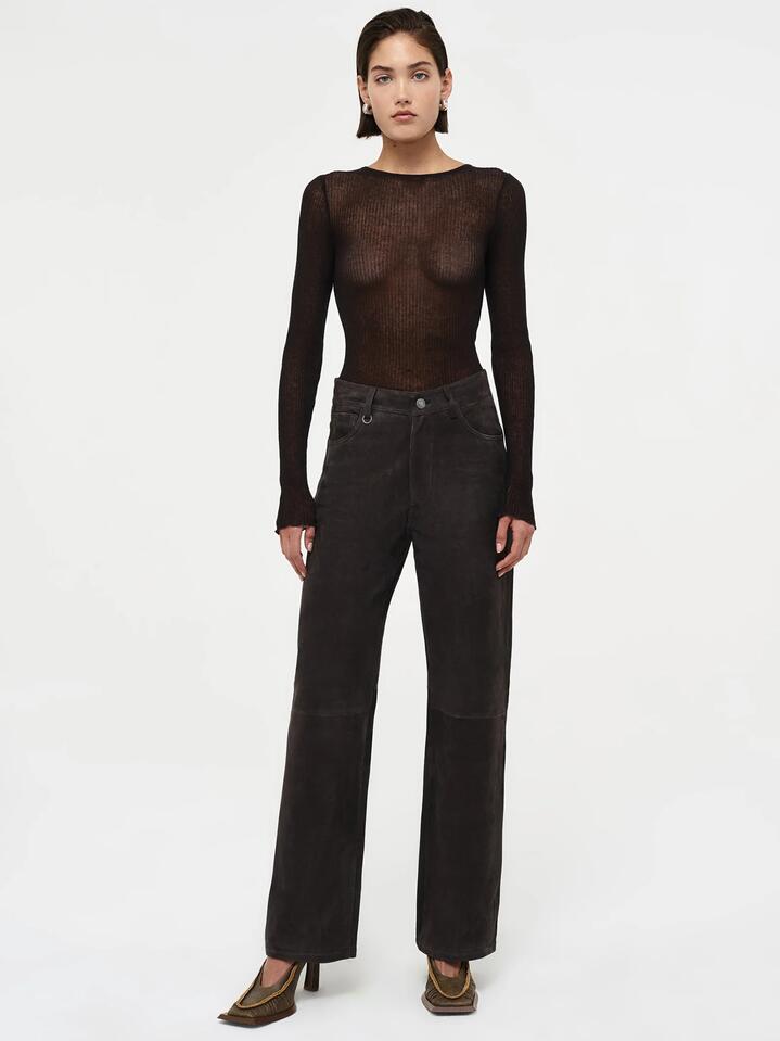 Image of a model wearing Tops. Productname: Neuw Atlas Knit Top in Bark colour by brand - Neuw