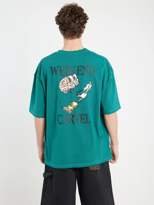 Image of a model wearing Tops. Productname: Weekend Cartel Brain Vs Broom Tee - Teal Green in Teal Green colour by brand - Weekend Cartel