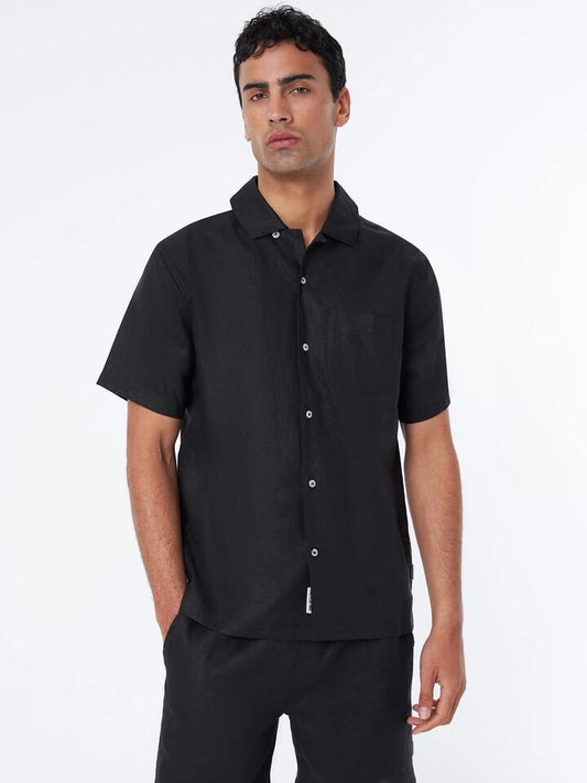 Image of a model wearing Tops. Productname: Article One Luca Linen Resort Shirt in Black colour by brand - Article One