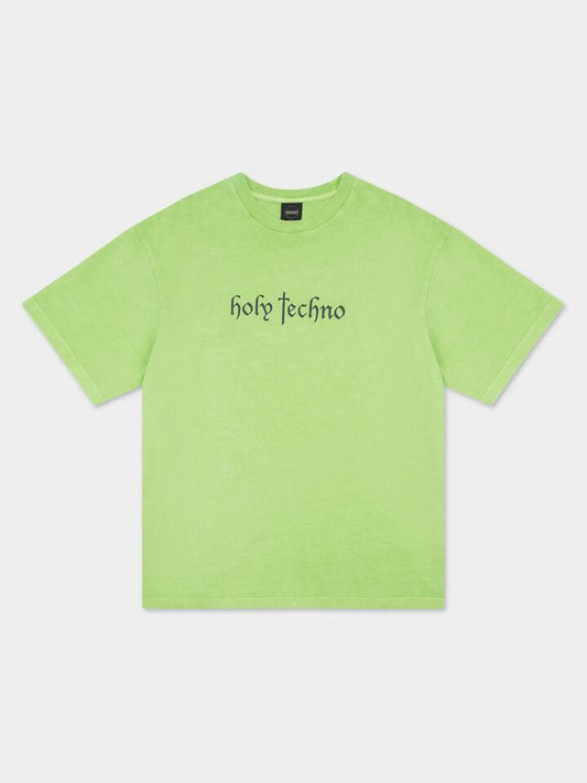 Image of a model wearing Tops. Productname: Boiler Room Holy Techno T-Shirt - Lime Green in Lime Green colour by brand - Boiler Room