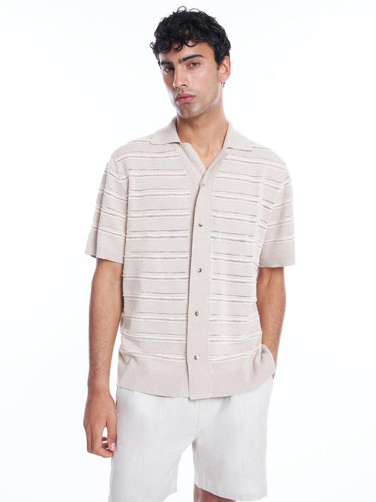 Image of a model wearing Tops. Productname: Article One Shelby Knit Shirt in Natural Marle colour by brand - Article One