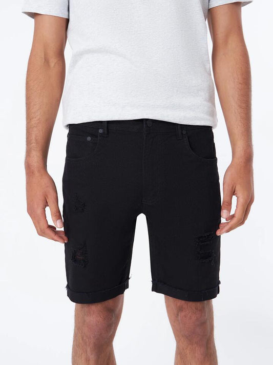 Image of a model wearing Denim. Productname: Article One Zane Skinny Denim Short - True Black Rip in True Black Rip colour by brand - Article One