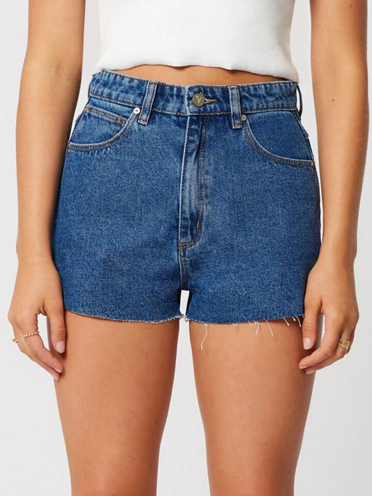 Image of a model wearing Shorts. Productname: Abrand High Relaxed Short Bella in Mid Blue colour by brand - Abrand