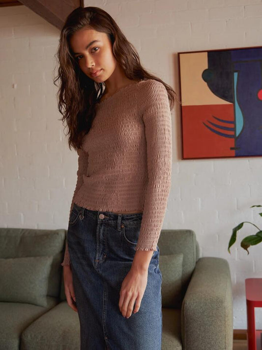 Image of a model wearing Tops. Productname: Lulu & Rose Fleur Long Sleeve Top in Almond colour by brand - Lulu & Rose