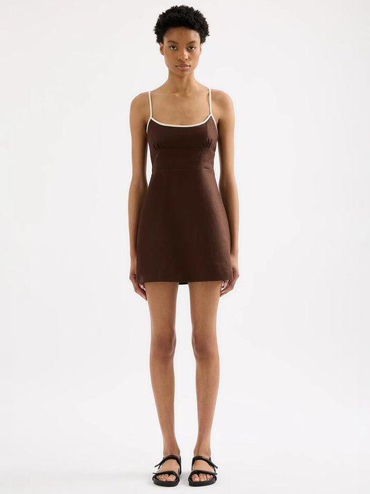 Image of a model wearing Dress. Productname: Nude Lucy Bria Linen Mini Dress in Espresso Splice colour by brand - Nude Lucy
