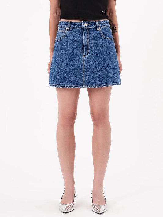 Image of a model wearing Skirts. Productname: Abrand Aline Skirt Reese in Mid Vintage Blue colour by brand - Abrand