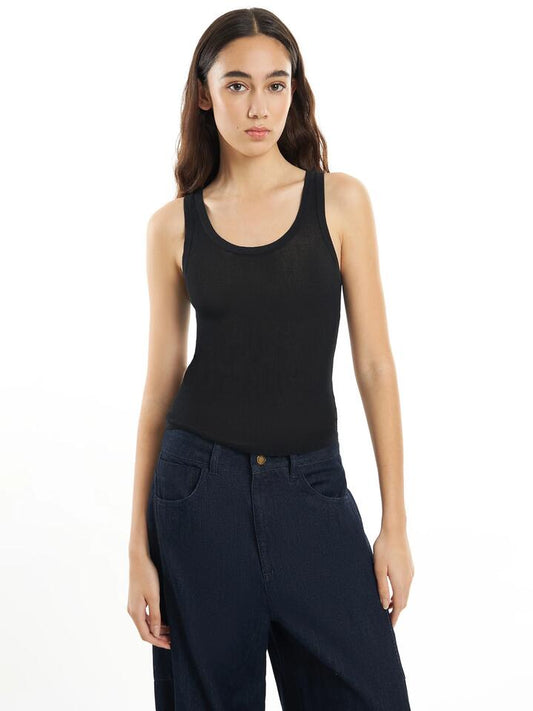 Image of a model wearing Tops. Productname: First Mse Mse Knit Tank Top in Soot colour by brand - First Mse