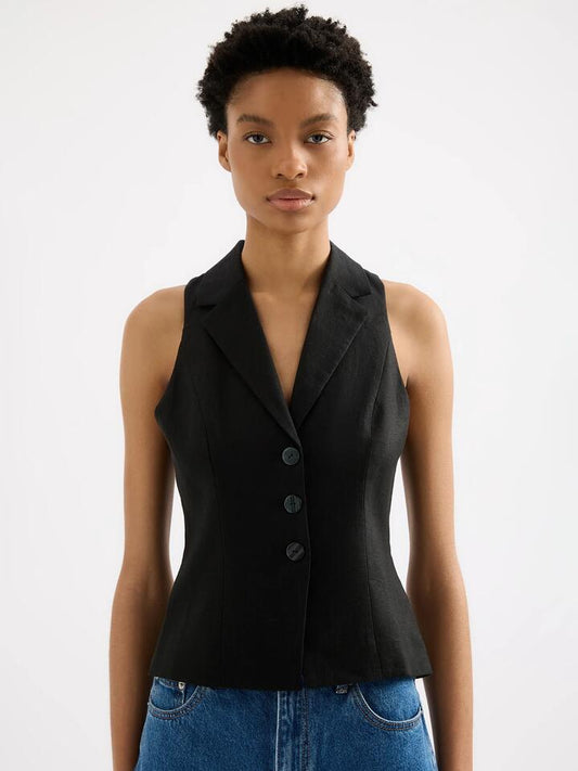 Image of a model wearing Tops. Productname: Nude Lucy Thilda Linen Vest in Black colour by brand - Nude Lucy