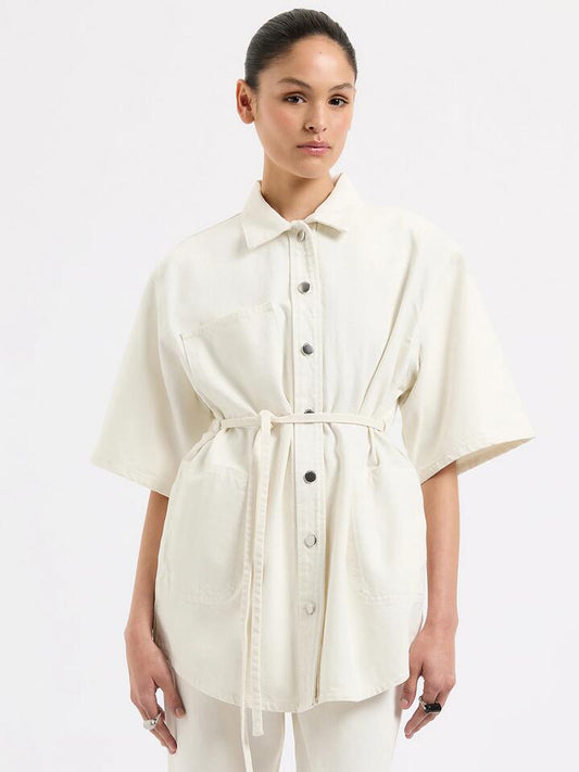 Image of a model wearing Denim. Productname: Nude Lucy Organic Denim Shacket in Ecru colour by brand - Nude Lucy