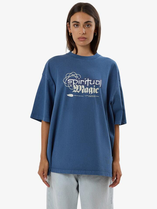 Image of a model wearing Tops. Productname: Thrills Spiritual Magic Oversized Tee in Blue Ashes colour by brand - Thrills