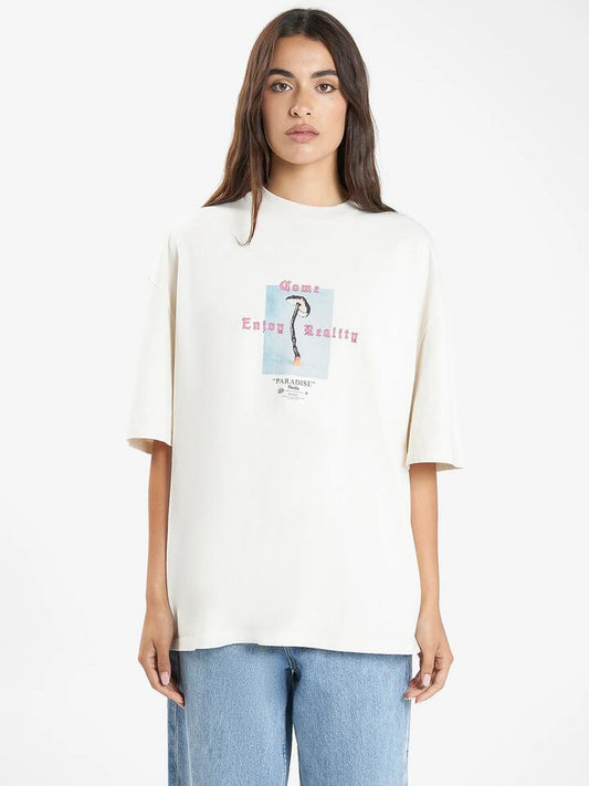 Image of a model wearing Tops. Productname: Thrills Reality Check Oversized Tee in Heritage White colour by brand - Thrills