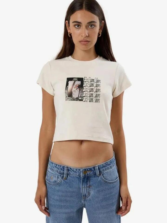 Image of a model wearing Tops. Productname: Thrills Expansions Mini Tee in Heritage White colour by brand - Thrills