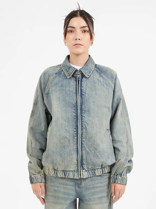 Image of a model wearing Denim. Productname: Worship Denim Drizzler Jacket in Garbage Grime Blue colour by brand - Worship