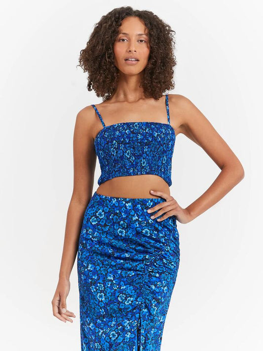 Image of a model wearing Tops. Productname: Lulu & Rose Elyna Shirred Top in Azure Floral colour by brand - Lulu & Rose