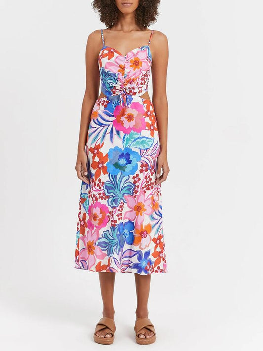 Image of a model wearing Dress. Productname: Lulu & Rose Malia Midi Dress in Tropicana colour by brand - Lulu & Rose