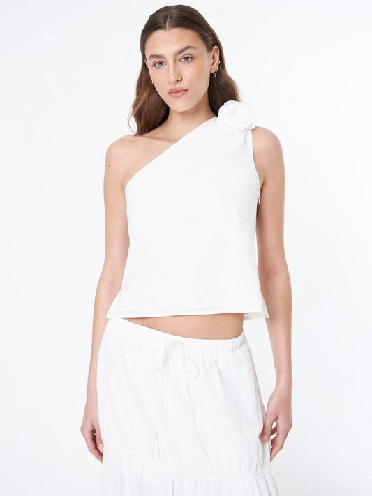 Image of a model wearing Tops. Productname: Beyond Her Pryia One-Shoulder Top in Off White colour by brand - Beyond Her
