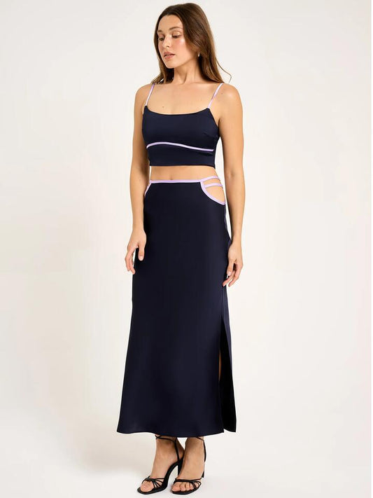 Image of a model wearing Skirts. Productname: Lulu & Rose Iris Strappy Maxi Skirt in Midnight-Lilac colour by brand - Lulu & Rose