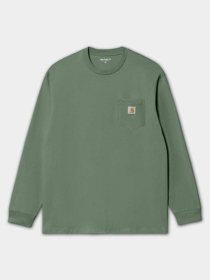 Image of a model wearing Tops. Productname: Carhartt Wip Long Sleeve Pocket T-Shirt in Duck Green colour by brand - Carhartt Wip