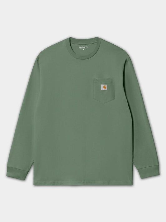 Image of a model wearing Tops. Productname: Carhartt Wip Long Sleeve Pocket T-Shirt in Duck Green colour by brand - Carhartt Wip