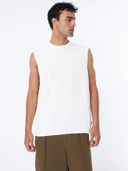 Image of a model wearing Tops. Productname: Article One Kristoph Knit Muscle in Off White colour by brand - Article One