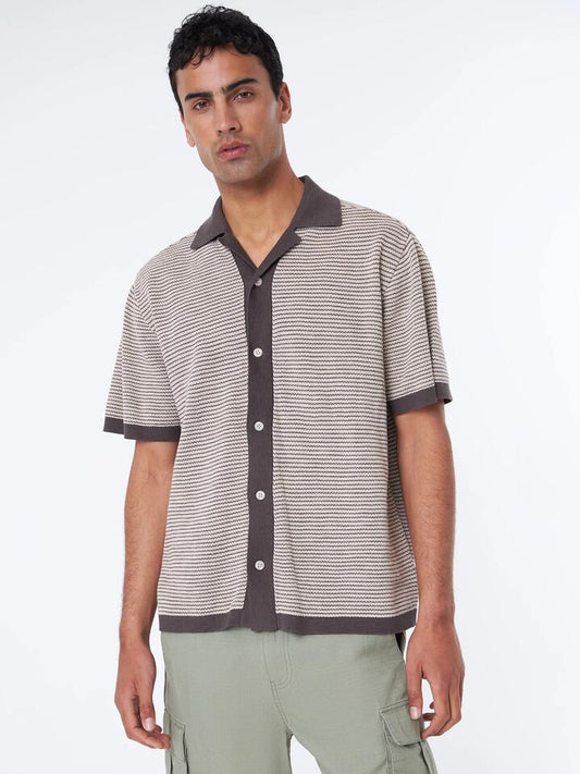 Image of a model wearing Tops. Productname: Article One Kristoph Knit Shirt in Stone Stripe colour by brand - Article One