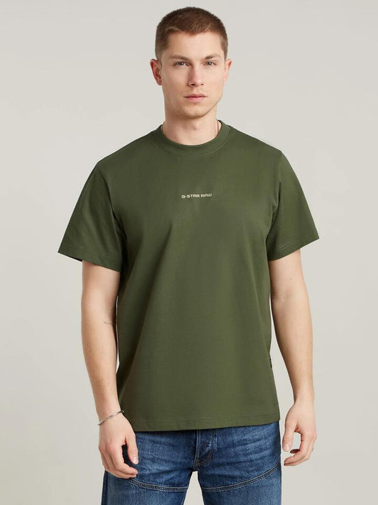 Image of a model wearing Tops. Productname: G-Star Center Chest Logo Loose Tee in Shadow Olive colour by brand - G-Star