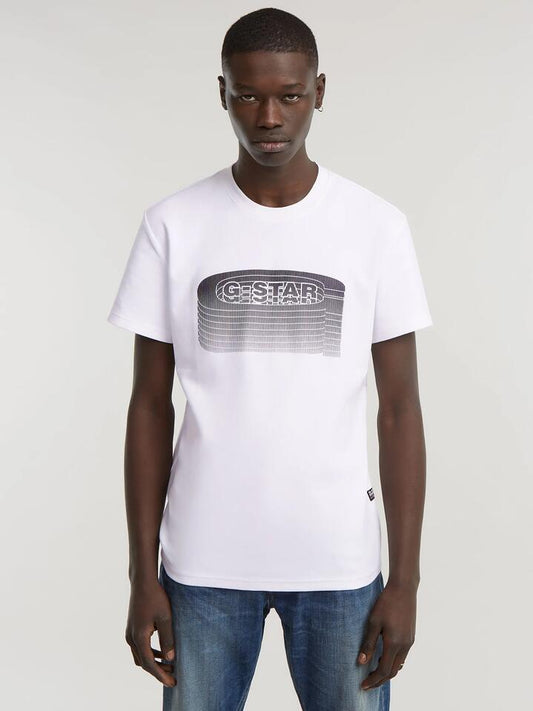Image of a model wearing Tops. Productname: G-Star Stacked Old Skool Logo Tee in White colour by brand - G-Star