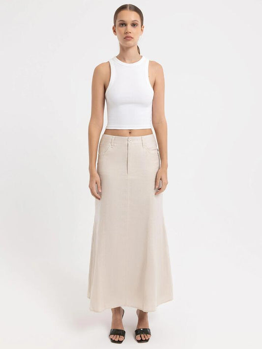Image of a model wearing Skirts. Productname: Lulu & Rose Isabel Midi SKirt in Bone colour by brand - Lulu & Rose