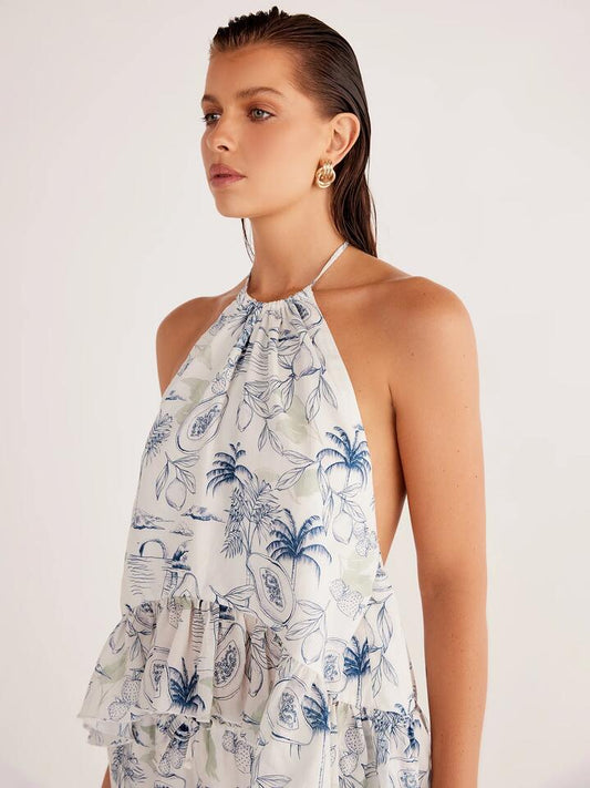 Image of a model wearing Tops. Productname: SNDYS Arielle Halter Top in Escapism colour by brand - SNDYS