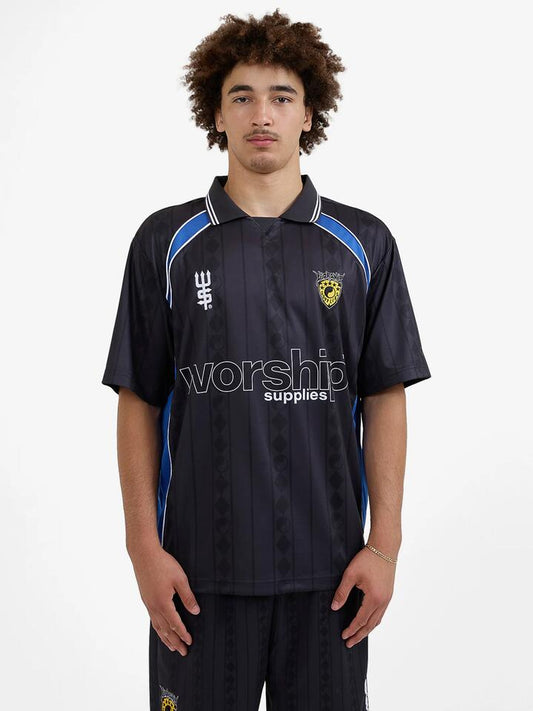 Image of a model wearing Tops. Productname: Worship Fever Football Jersey in Black colour by brand - Worship
