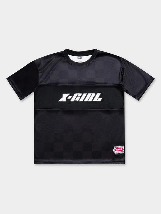 Image of a model wearing Tops. Productname: Xgirl Contrast Panel Oversized Football T-Shirt in Black Check colour by brand - Xgirl
