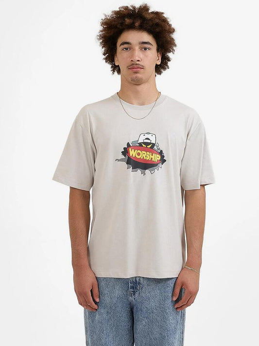 Image of a model wearing Tops. Productname: Worship Whoop Tee in Vapour colour by brand - Worship