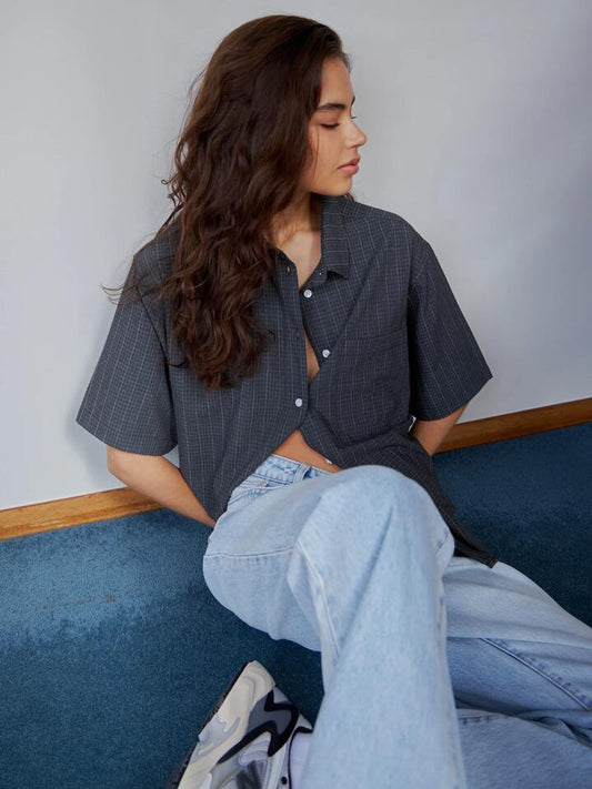 Image of a model wearing Tops. Productname: Thrills Colby Shirt in Charcoal Pinstripe colour by brand - Thrills