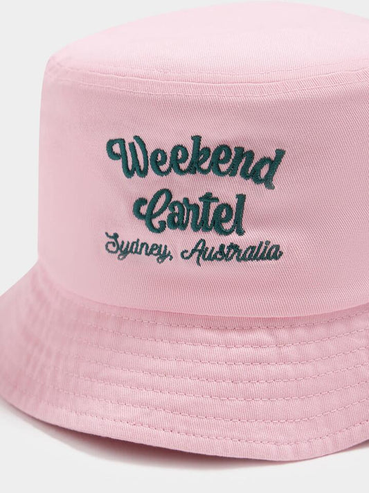 Image of Hats. Productname: Weekend Cartel Script Bucket Hat ONE SIZE Pink in Pink colour by brand - Weekend Cartel